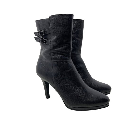 Tahari Boots Size 6 Goodwin Leather Ankle Stiletto Heel Zip Almond Toe Black - Picture 1 of 8